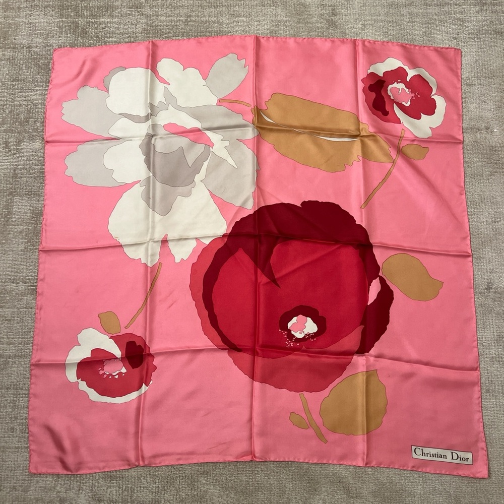 Christian Dior Pink Silk Vintage Floral Print Scarf Designer Spring Fashion 30.5